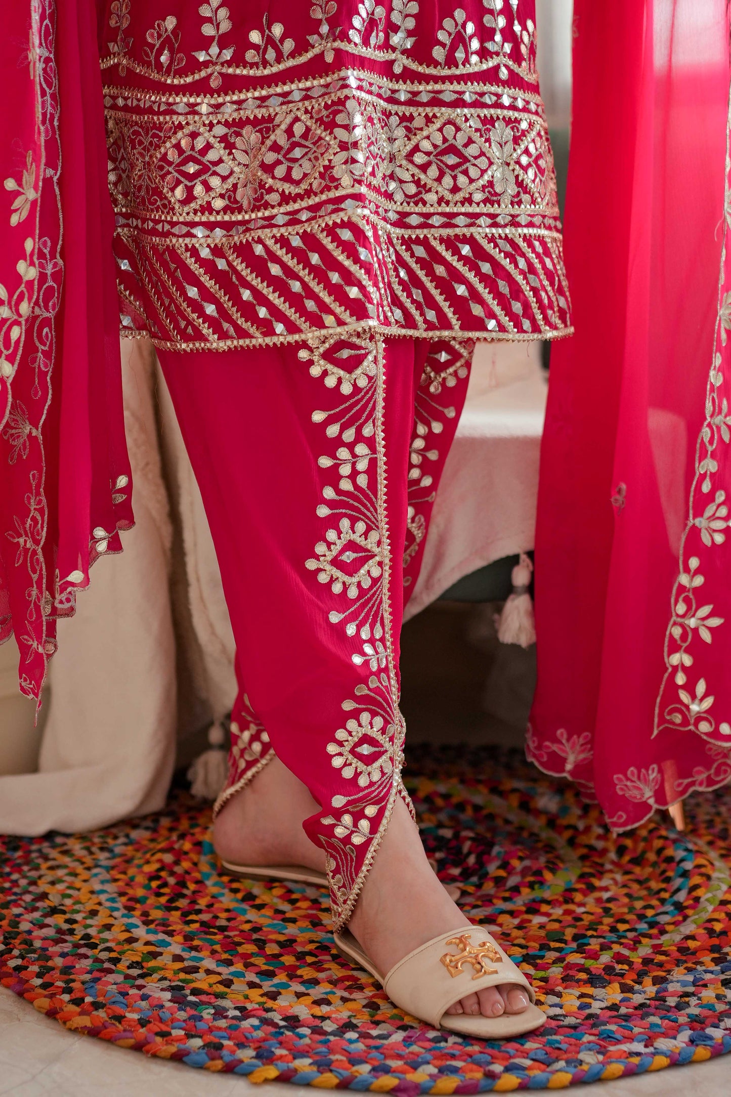Noor Gotta Embellished Hot Pink Short Anarkali With Dhoti