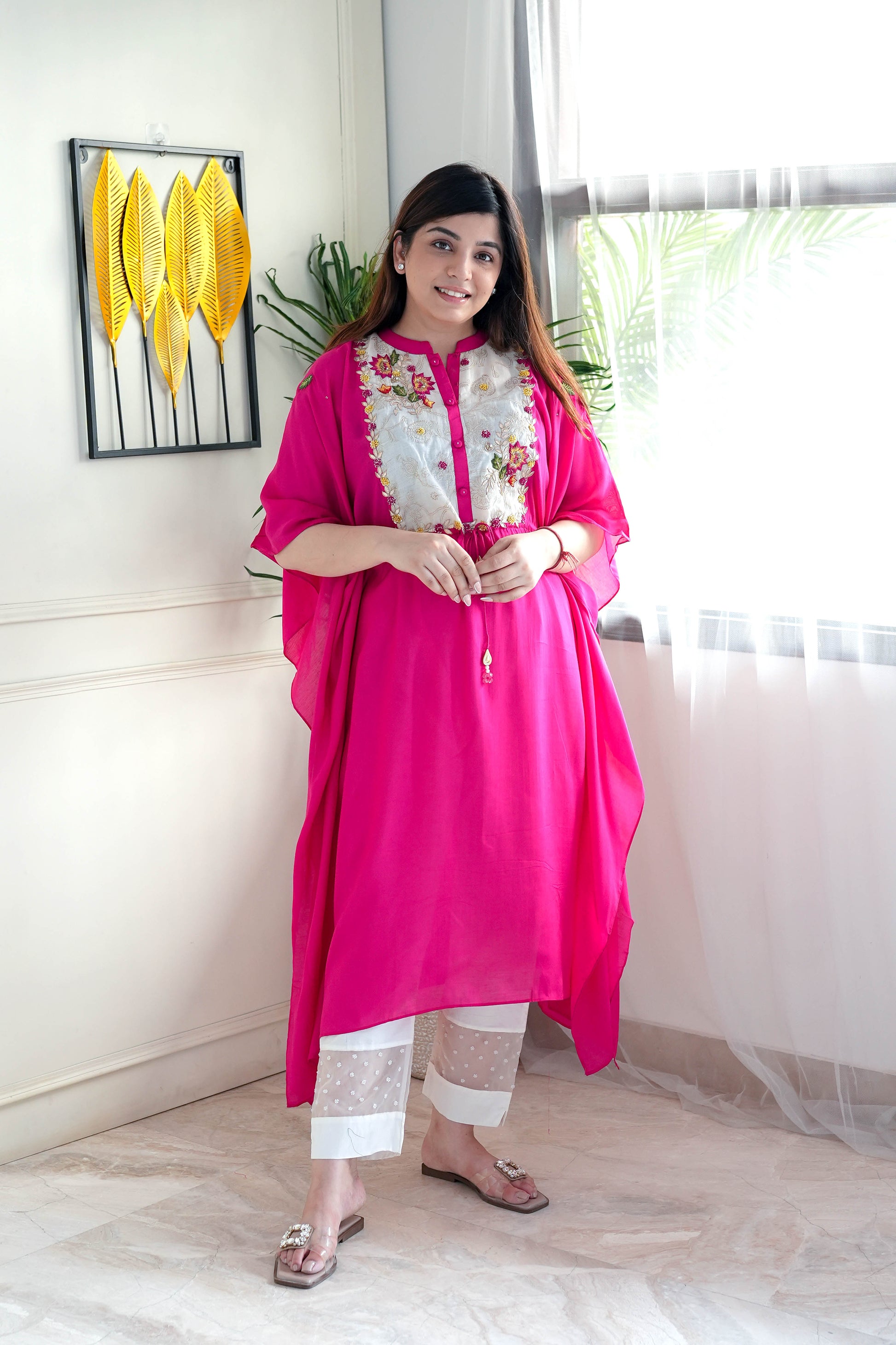 Simar Pink Embroidered Kaftan Set