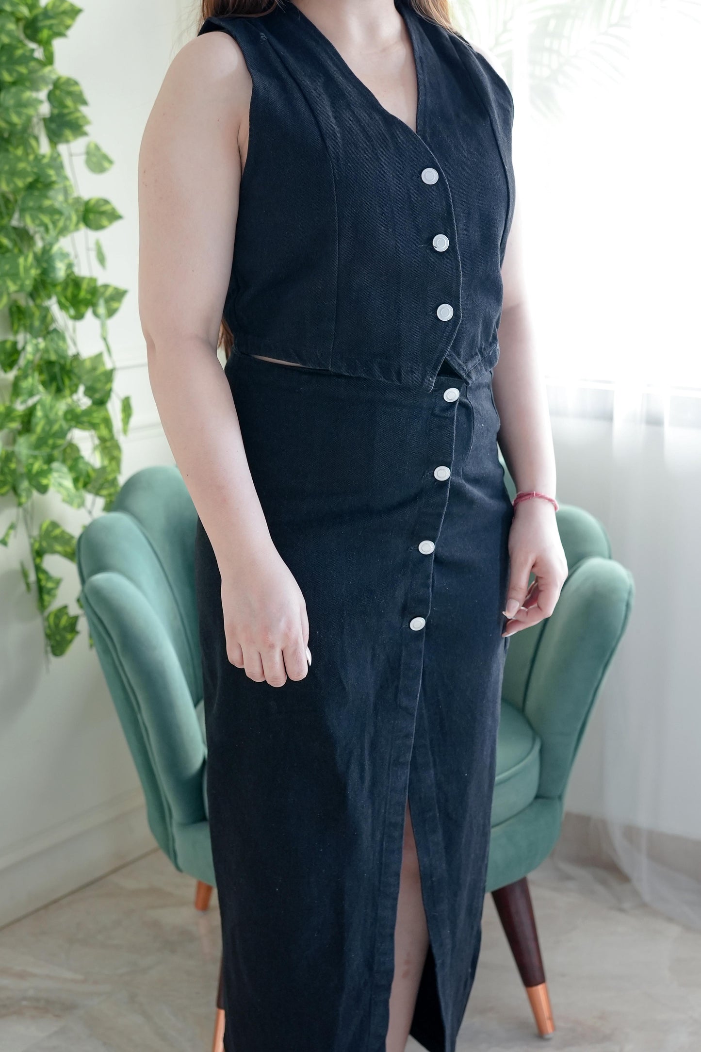 Luxe Denim Black Button Up Skirt Set