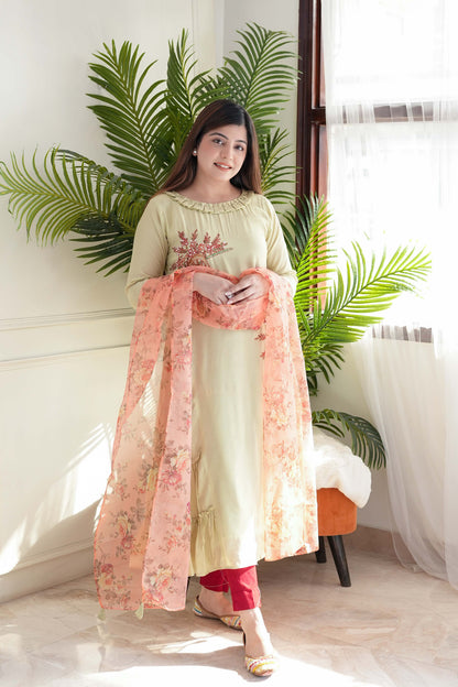 Green Embroidred Kurta With Dupatta