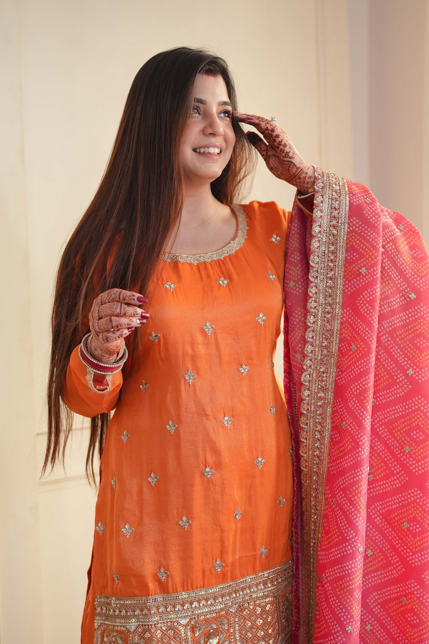 Anaira Orange Silk Suit With Bandhani Dupatta