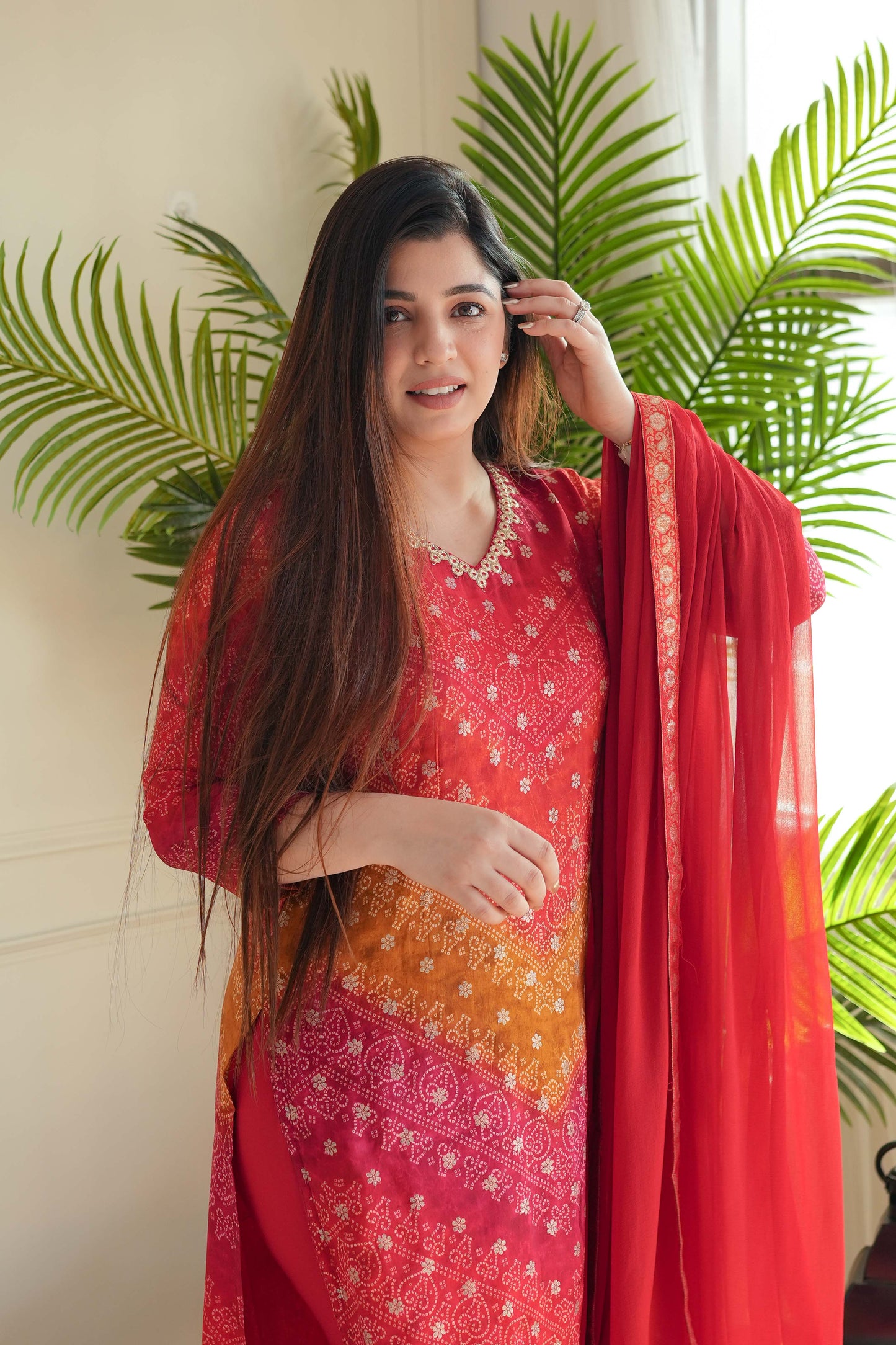 Pratha Red Printed Silk Suit