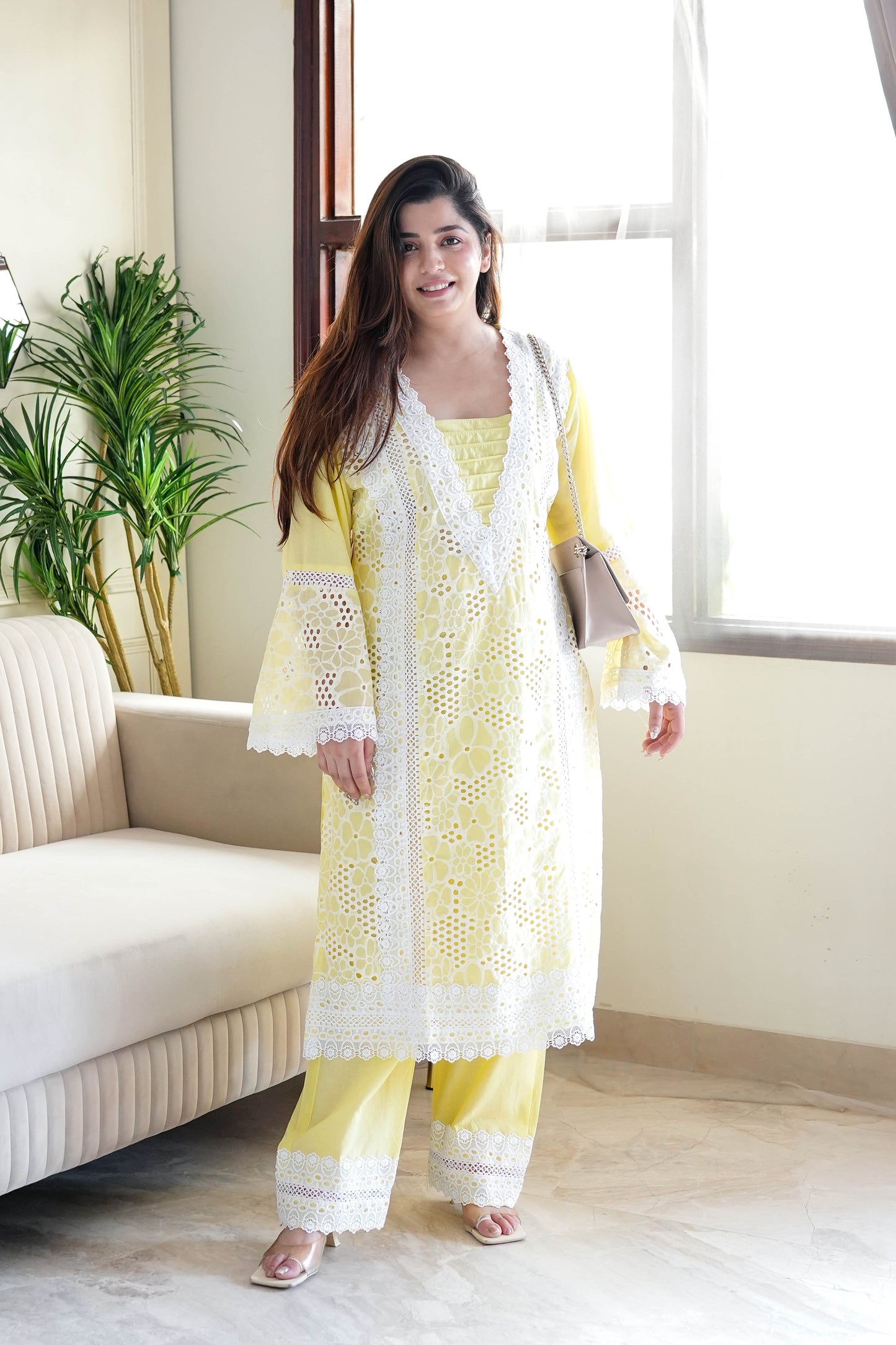 Farah Lemon Cutwork Plazo Set