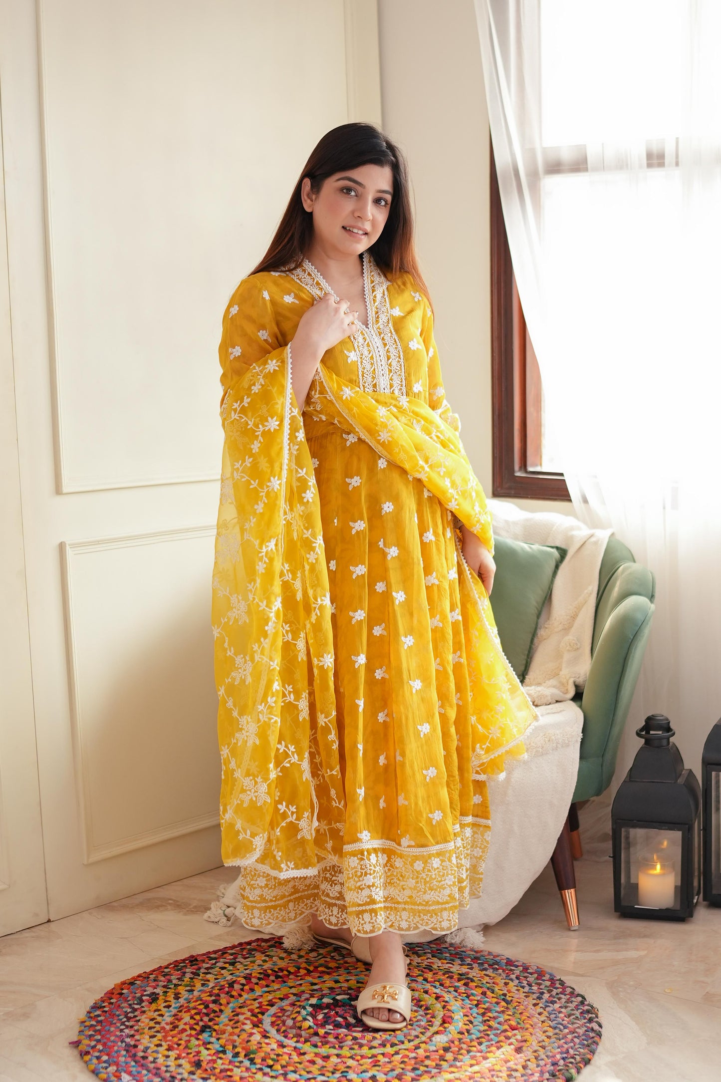 Faroza Yellow Schiffli Anarkali Suit Set