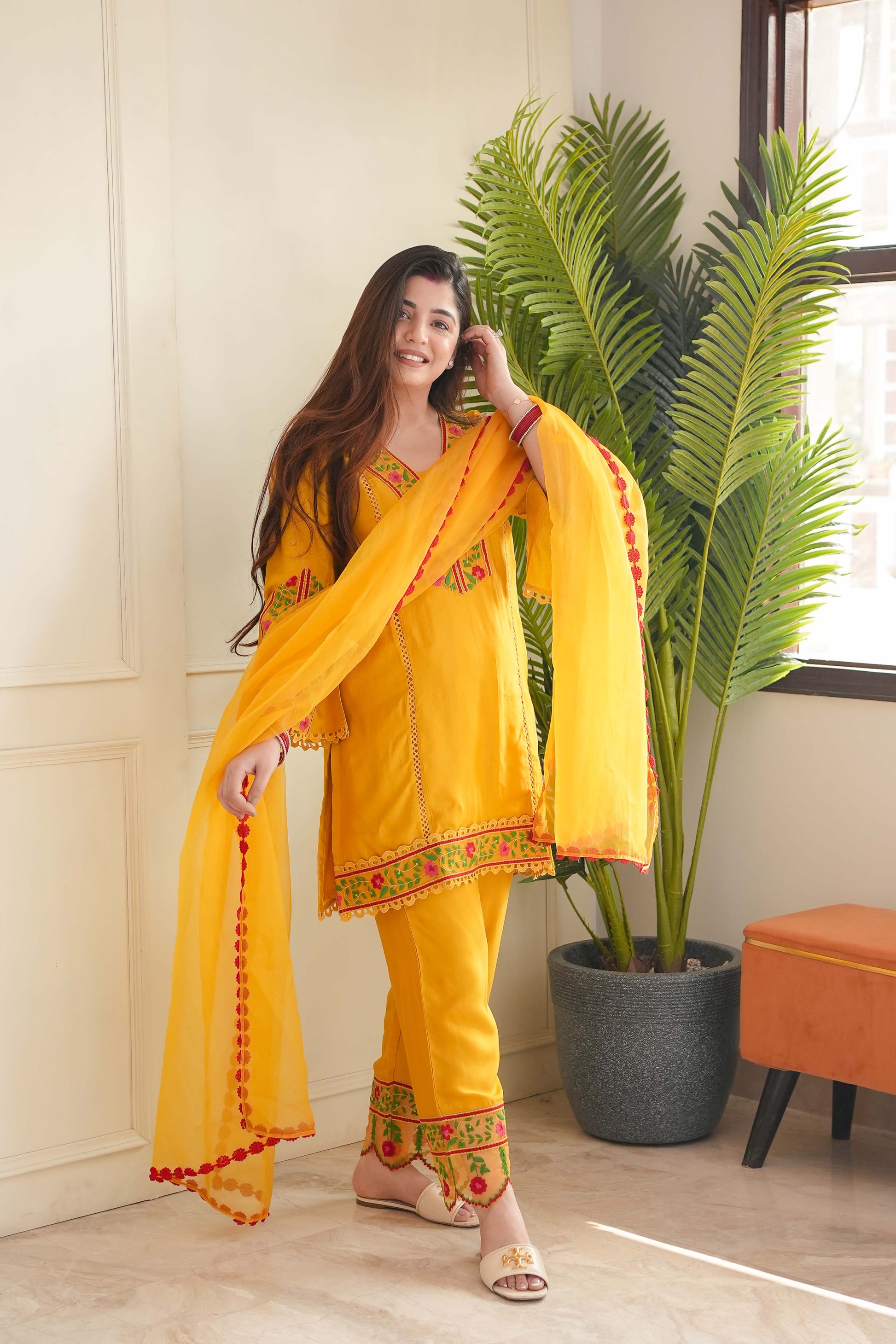 Rajha Yellow Thread Work Silk Suit