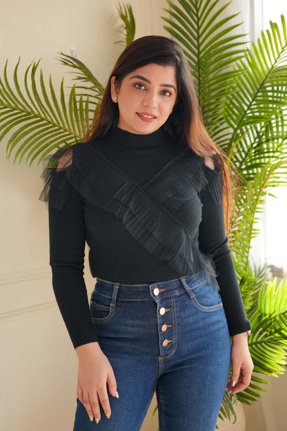 Uno Black Frill Knitted Top