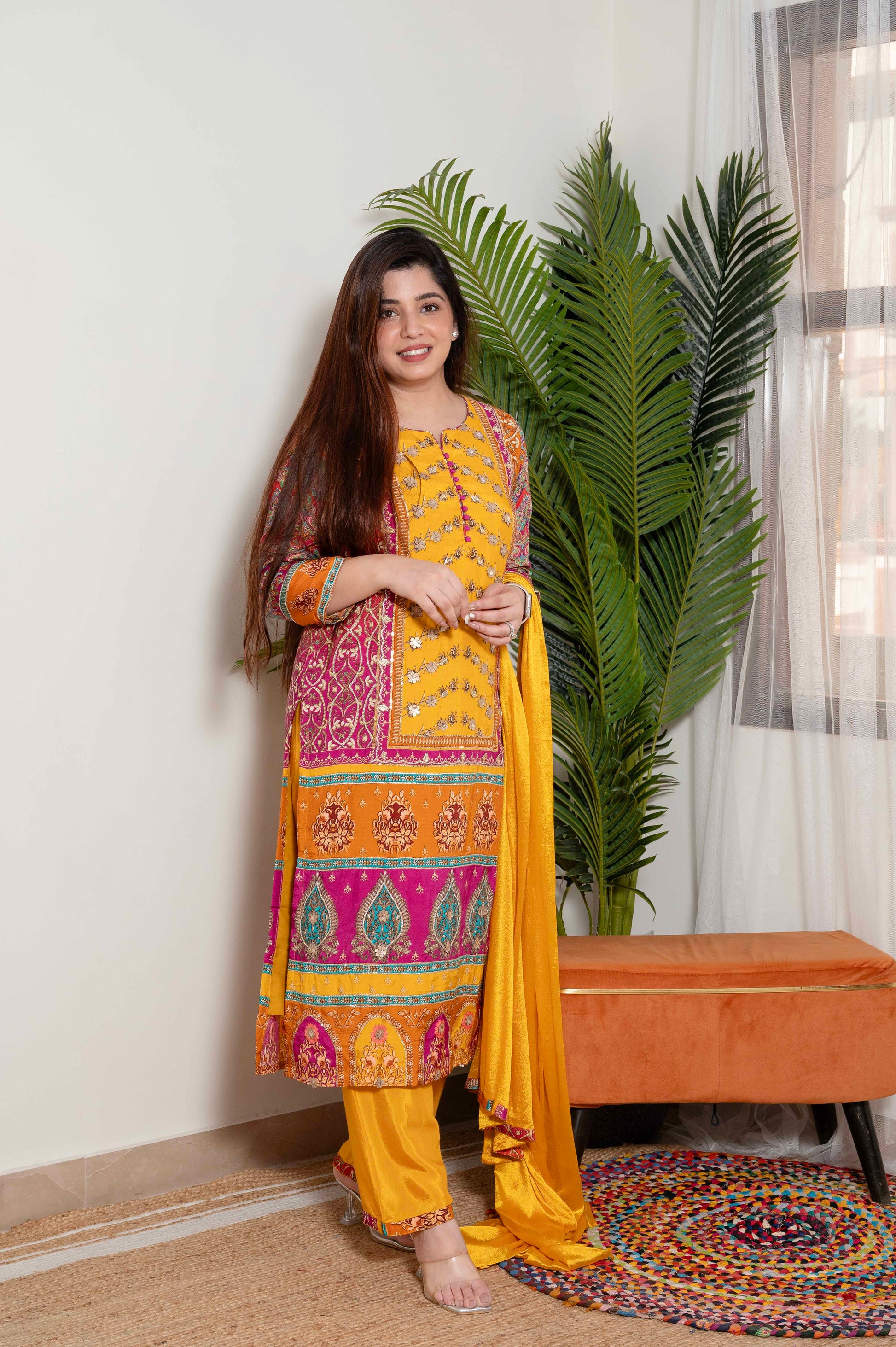 Sagari Yellow Printed Suit Set With Gotta Detailing