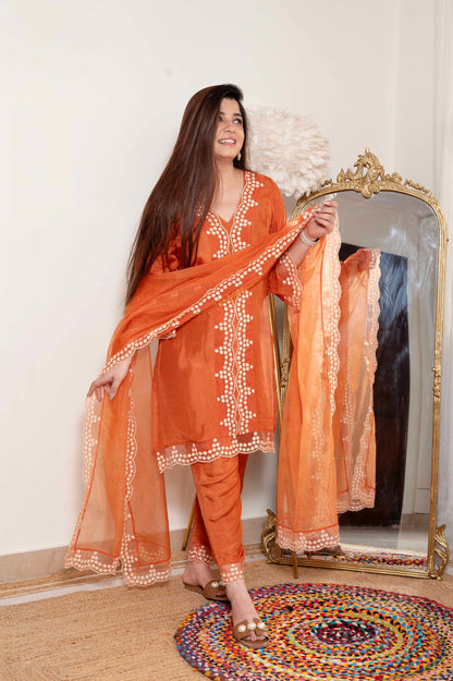 Sukh Rust Silk Suit Set With Schiffli Detailing