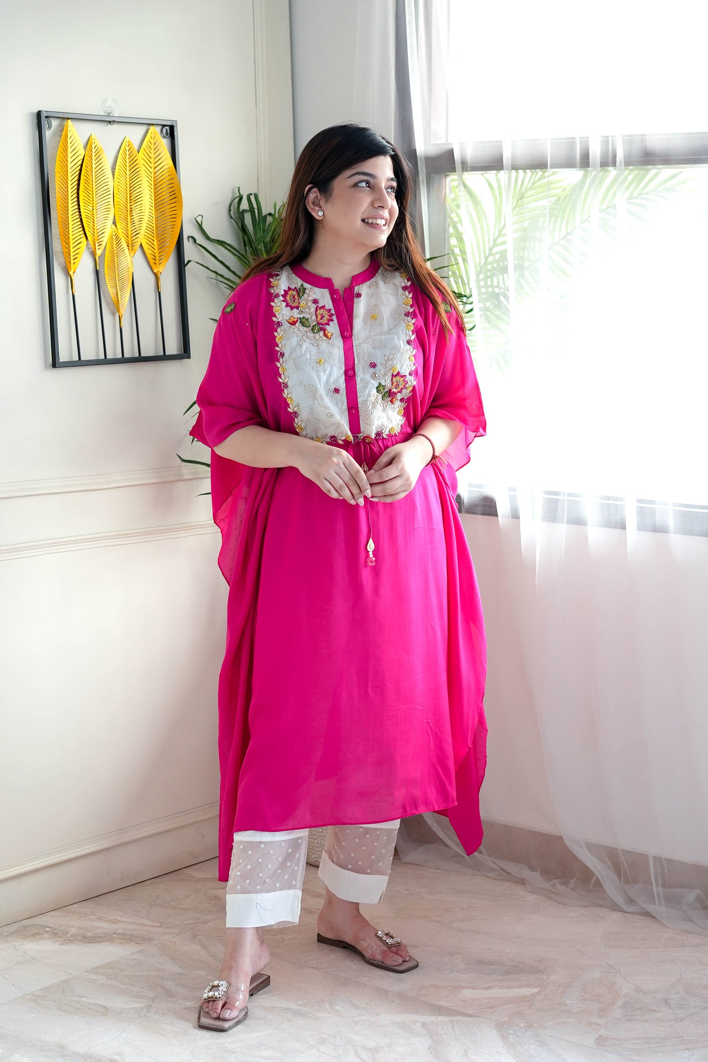 Simar Pink Embroidered Kaftan Set