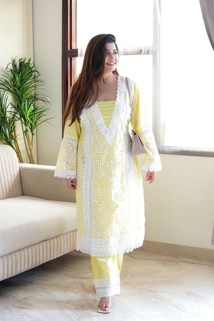 Farah Lemon Cutwork Plazo Set