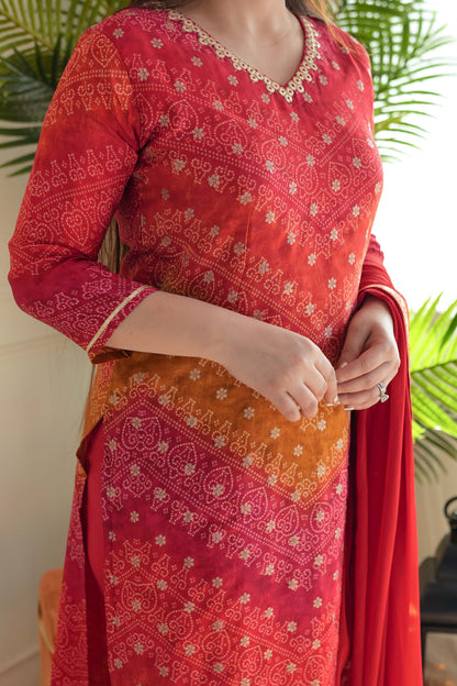 Pratha Red Printed Silk Suit