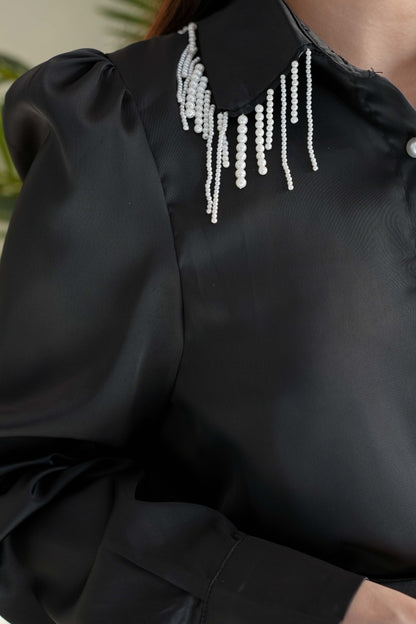 Lili Black Satin Shirt with Pearl Detailing Collar