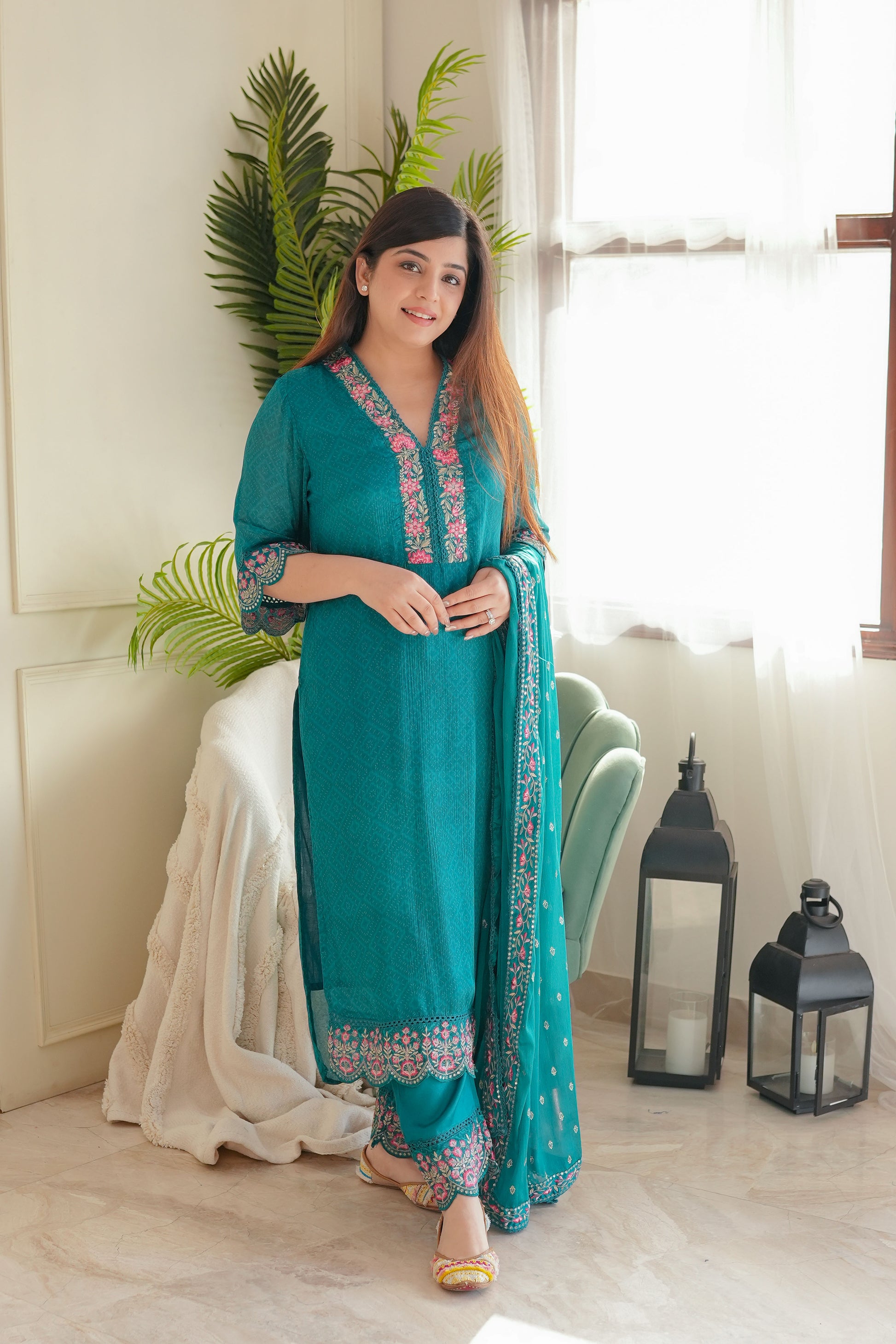 Meena Green Embroidered Suit Set