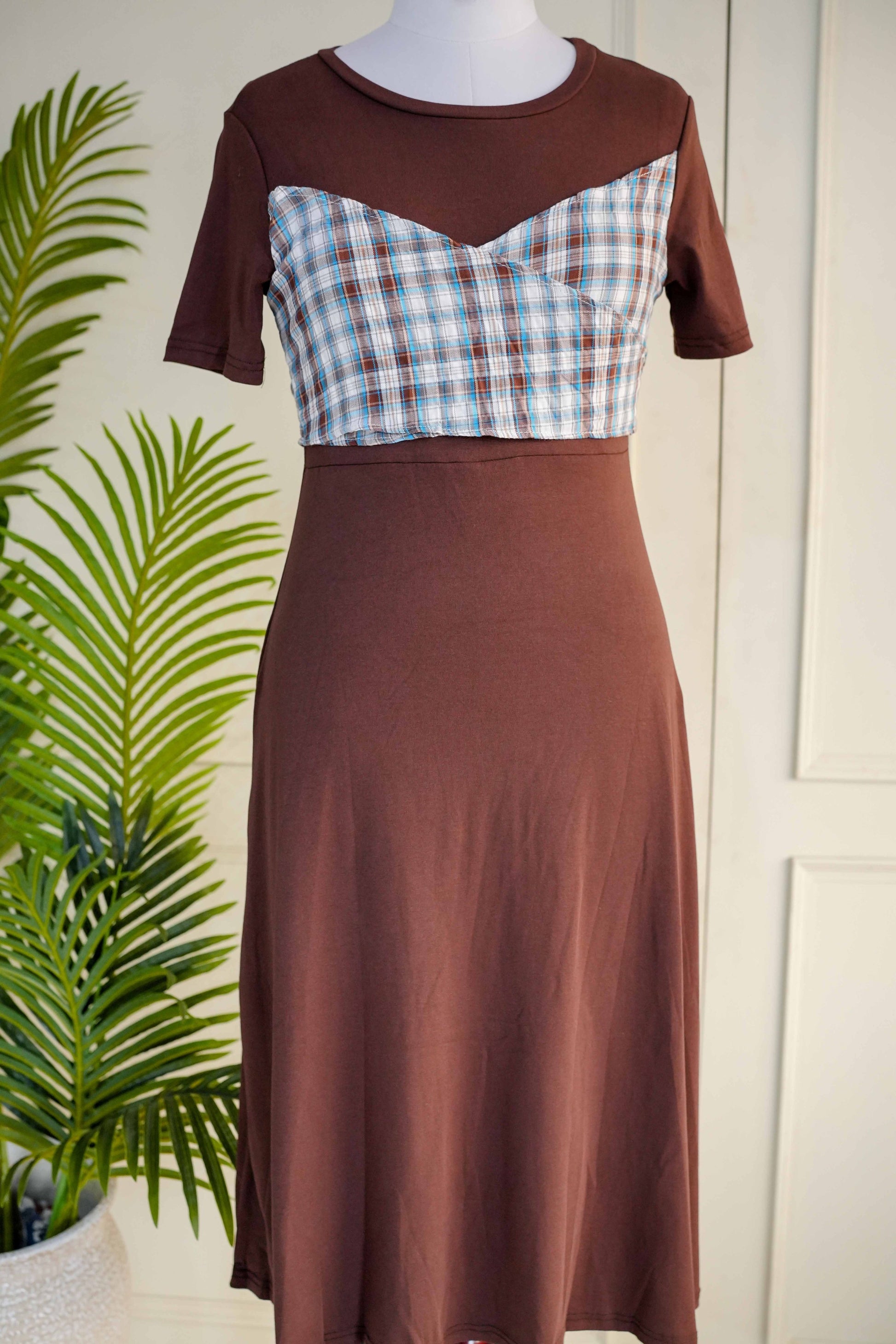 Brown Check Design Dress