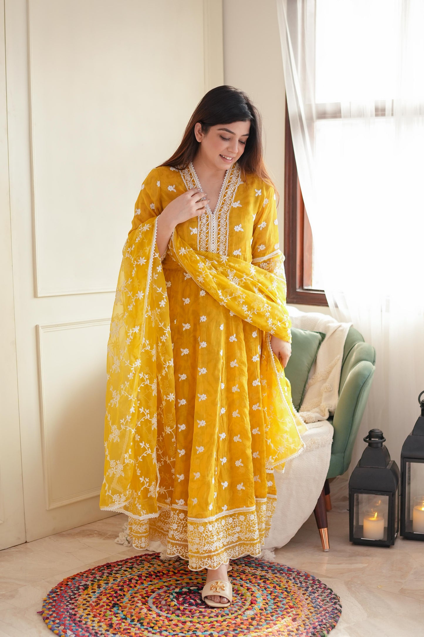 Faroza Yellow Schiffli Anarkali Suit Set