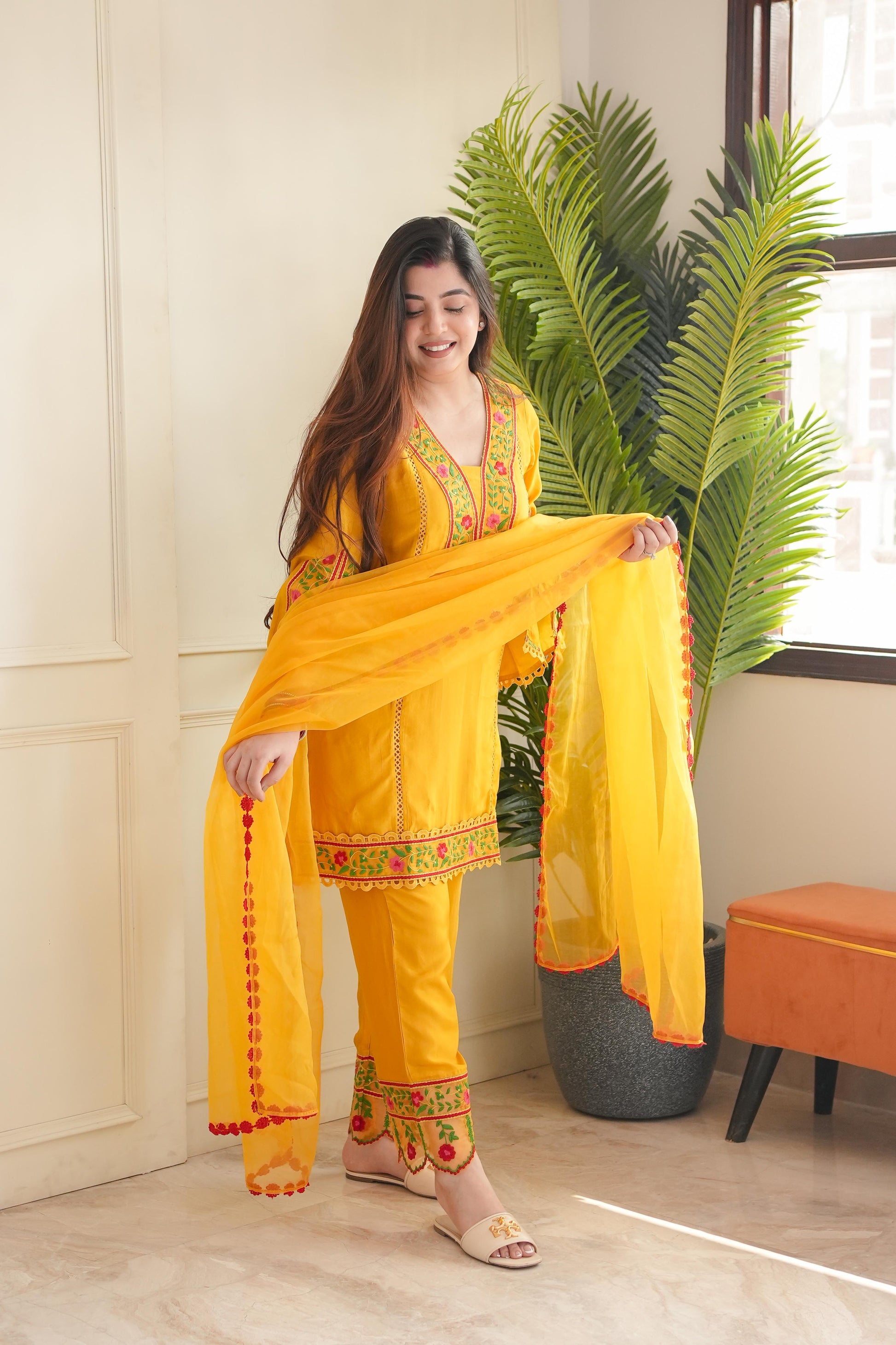 Rajha Yellow Thread Work Silk Suit