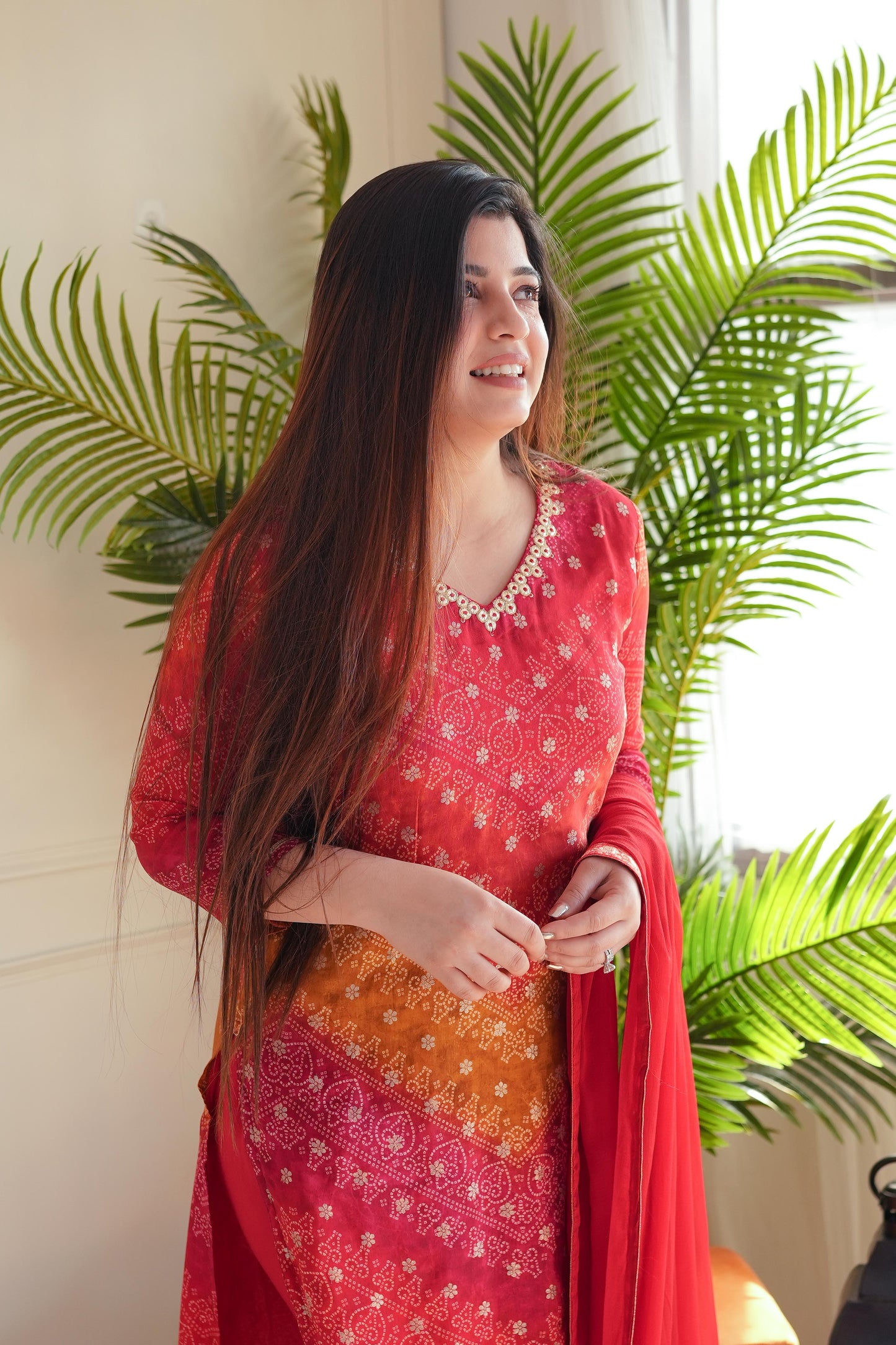 Pratha Red Printed Silk Suit