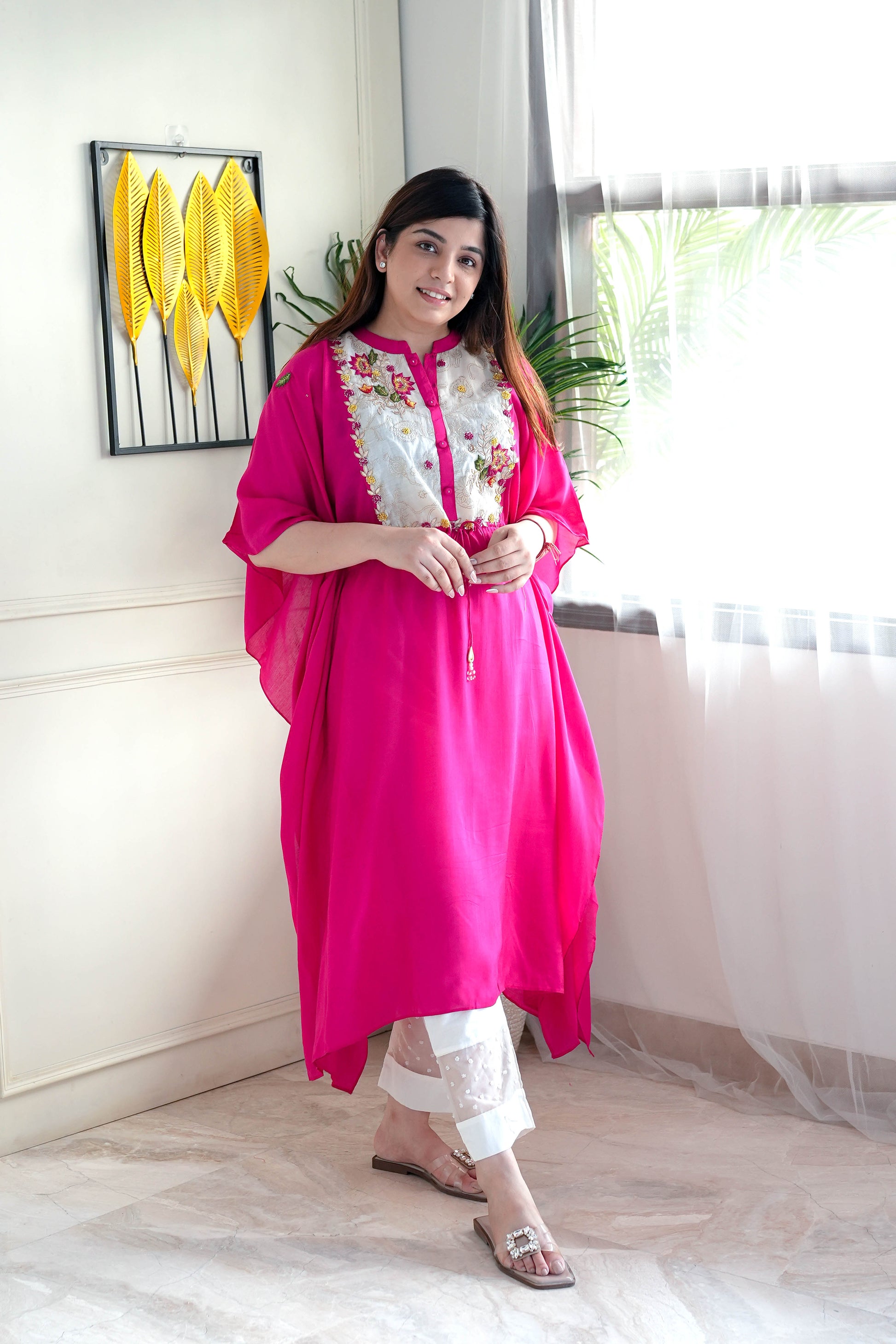 Simar Pink Embroidered Kaftan Set