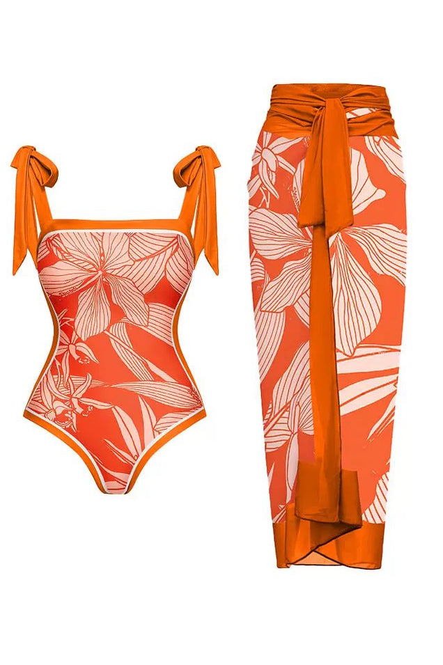 Orange Printed Swimsuit with Sarong