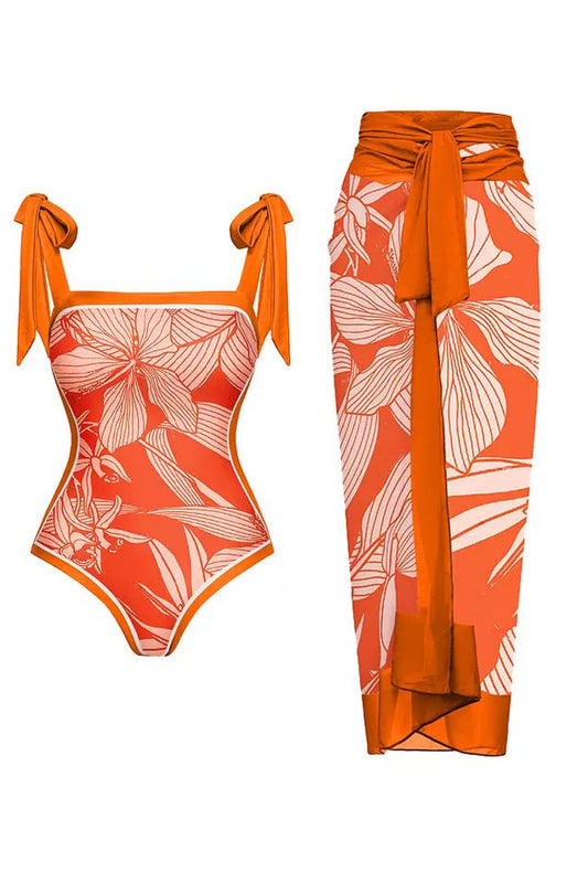 Orange Printed Swimsuit with Sarong