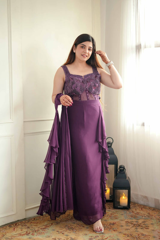 Gazal Purple Drape Saree With Side Cut