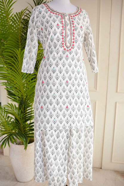 White Printed Suit Set with Red Dupatta