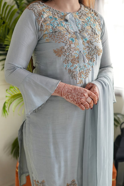 Grey Embroidered Silk Suit
