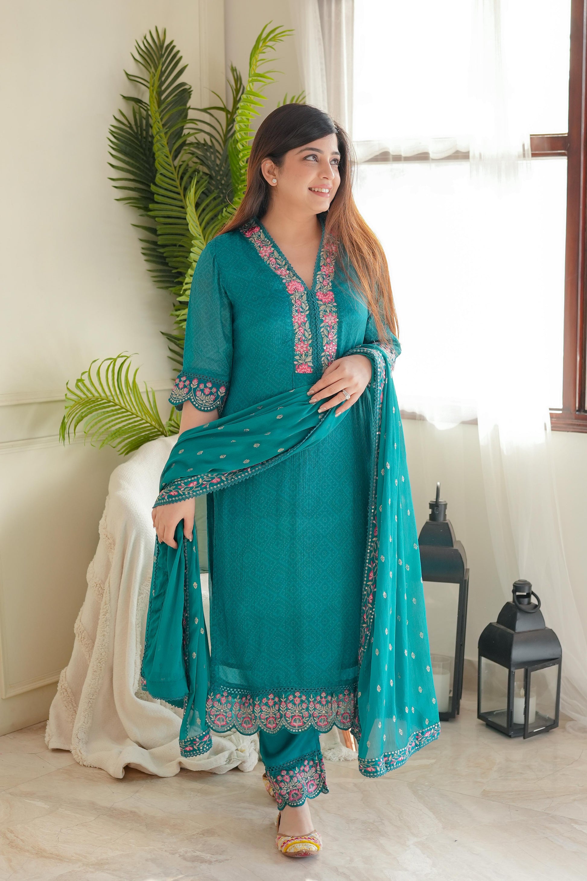 Meena Green Embroidered Suit Set