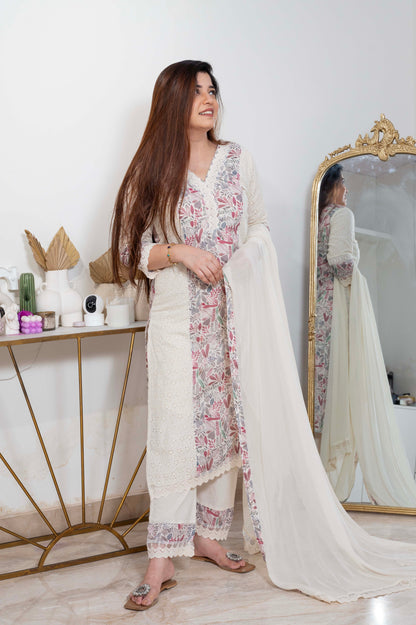 Keerat White Schiffli Suit Set