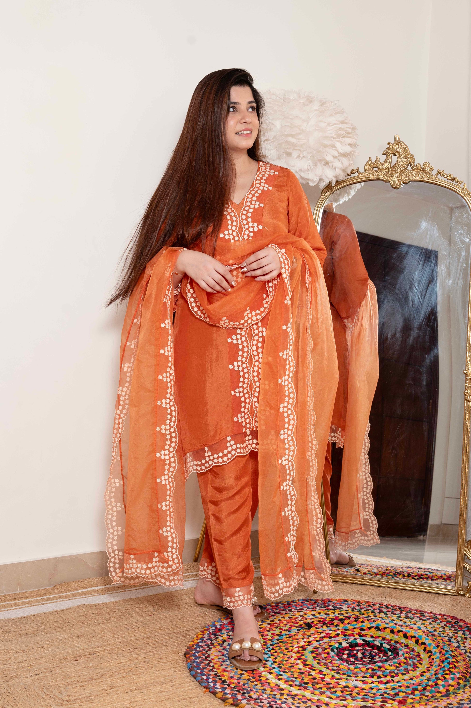 Sukh Rust Silk Suit Set With Schiffli Detailing