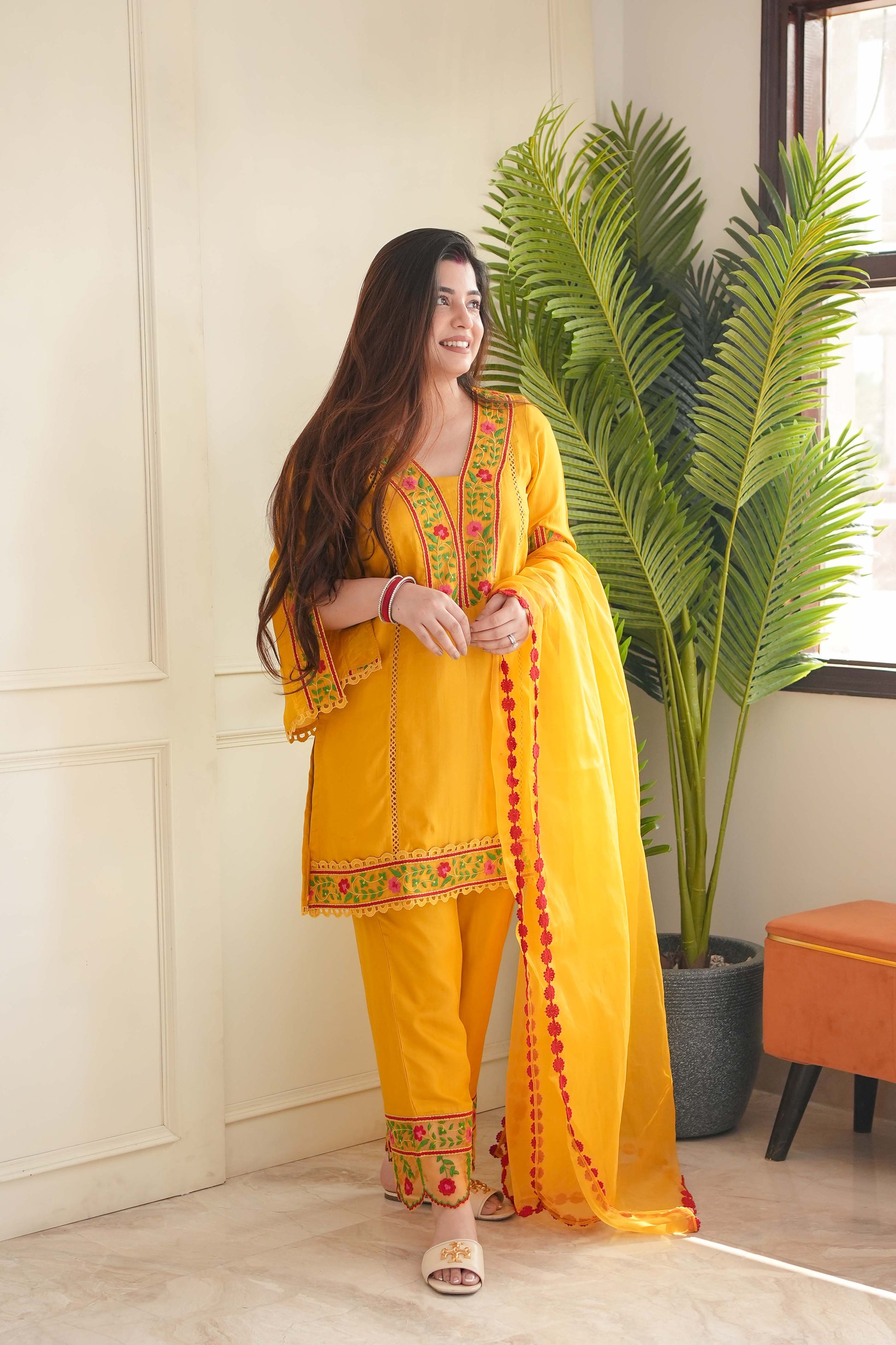 Rajha Yellow Thread Work Silk Suit