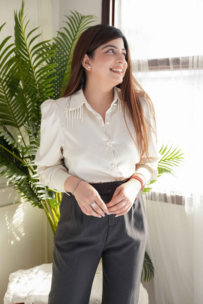 Lili Off White Satin Shirt with Pearl Detailing Collar