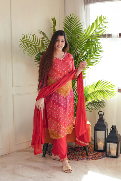 Pratha Red Printed Silk Suit