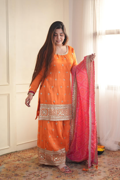 Anaira Orange Silk Suit With Bandhani Dupatta