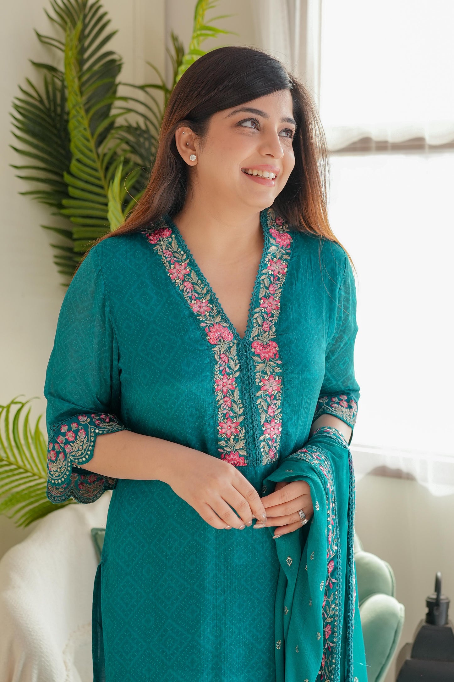 Meena Green Embroidered Suit Set