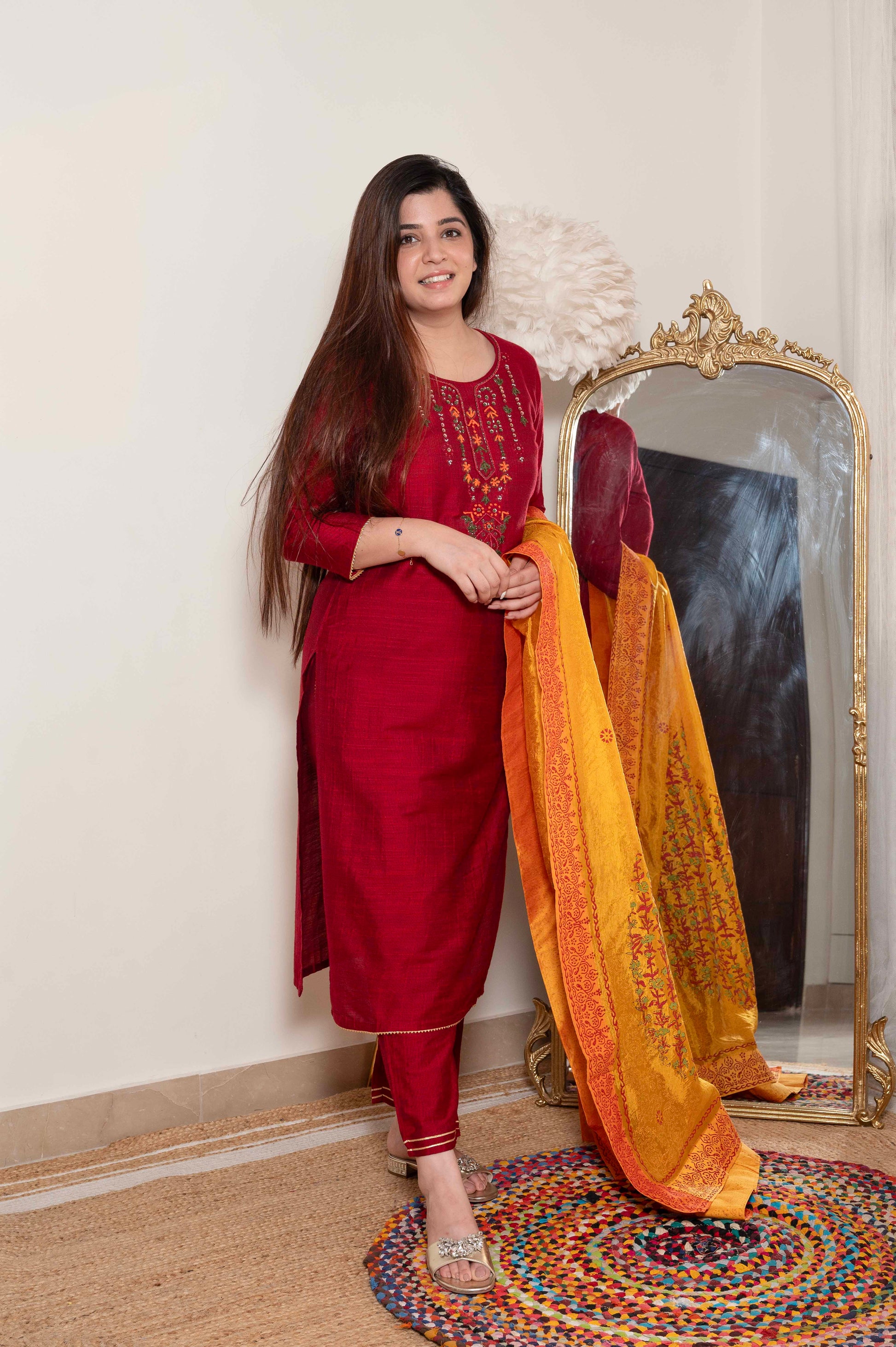 Chanda Red Suit Set With Hand Painted Dupatta