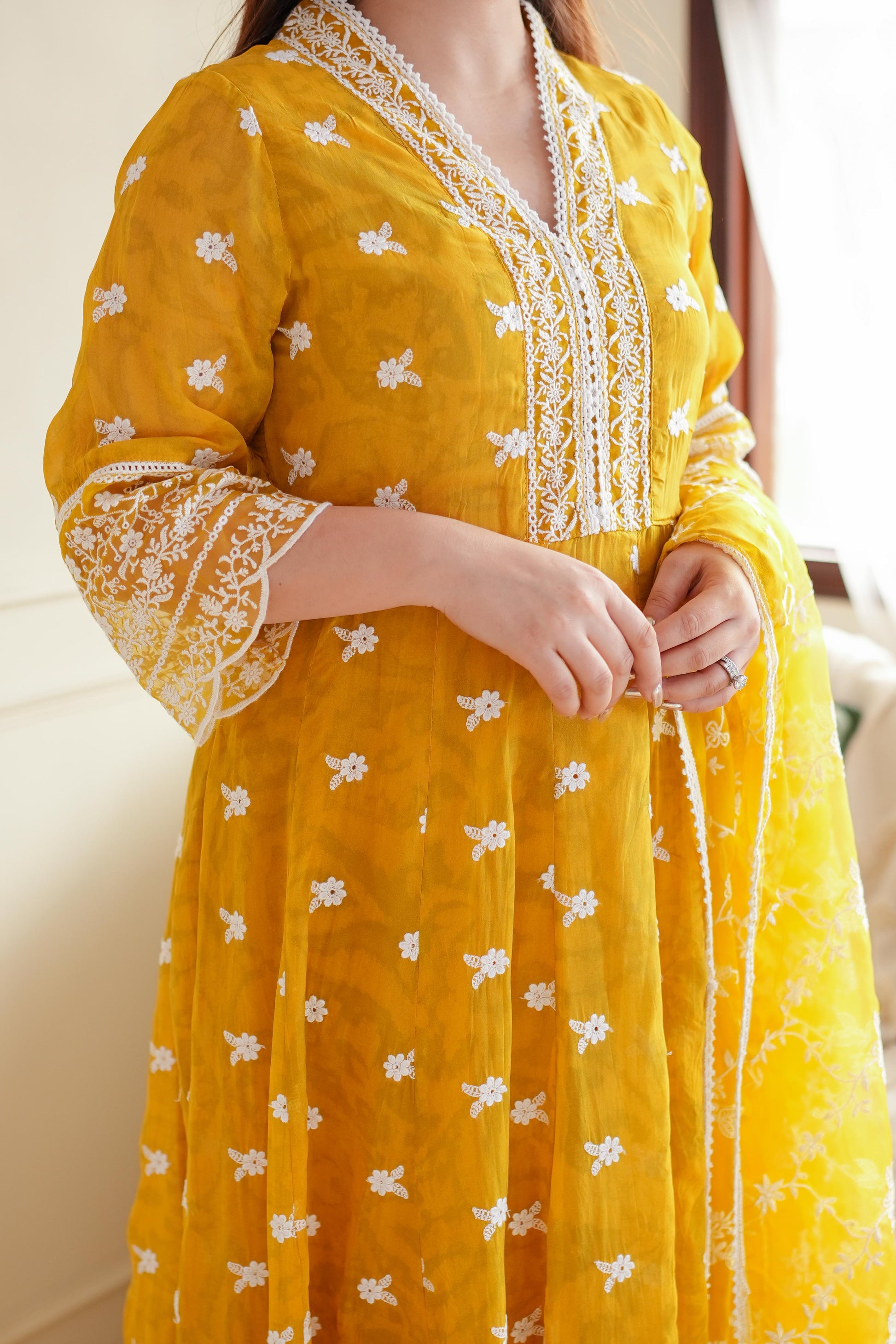 Faroza Yellow Schiffli Anarkali Suit Set