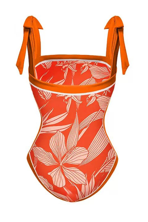 Orange Printed Swimsuit with Sarong