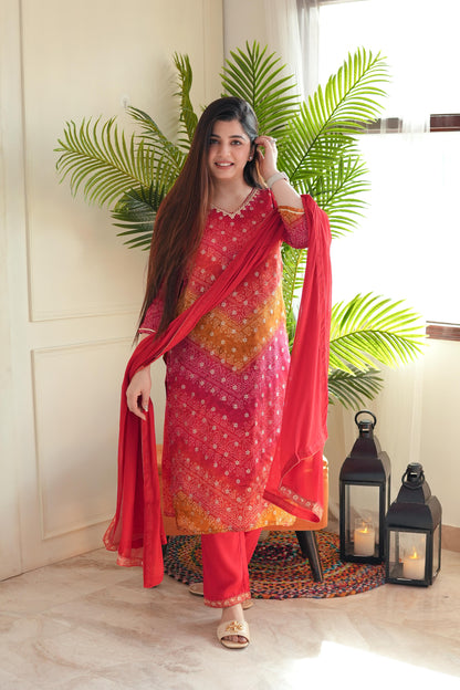 Pratha Red Printed Silk Suit