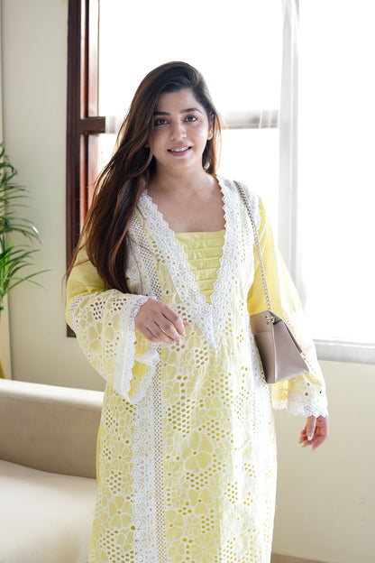 Farah Lemon Cutwork Plazo Set