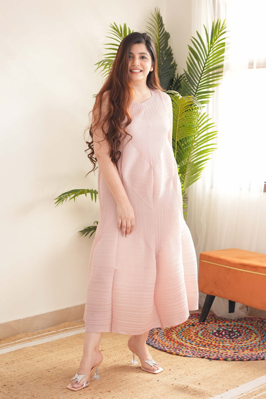 Fiza Nude Pleated Long Dress