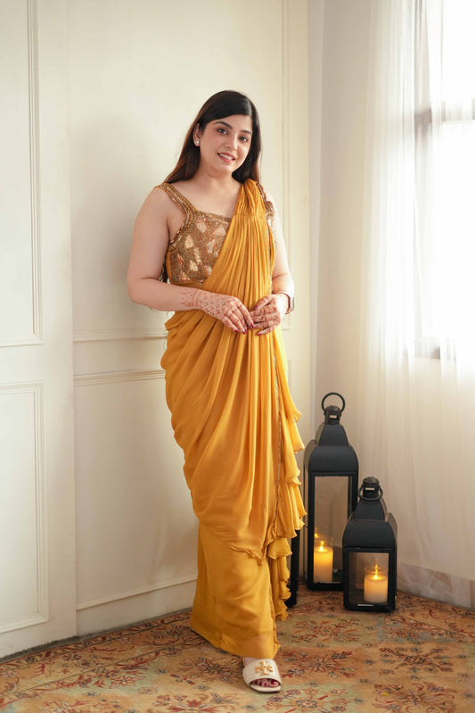 Gazal Mustard Drape Saree Side Slit