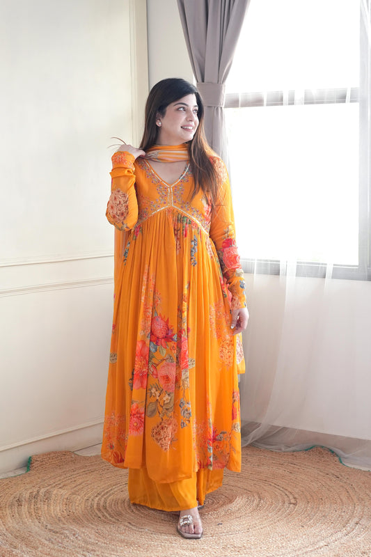 Varah Mustard Printed Anarkali Suit Set