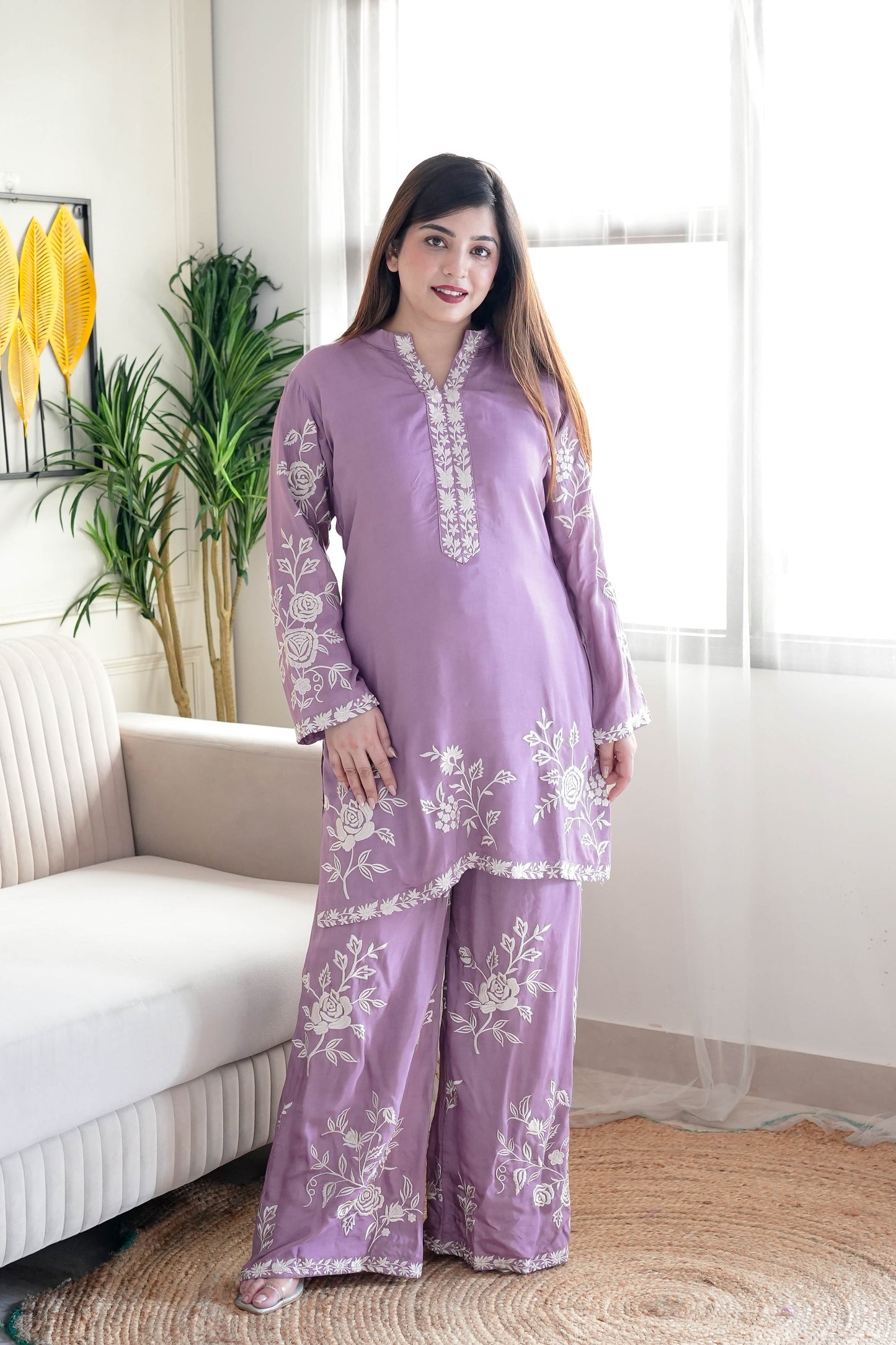 Simin Purple Thread Floral Embroidered Co ord Set