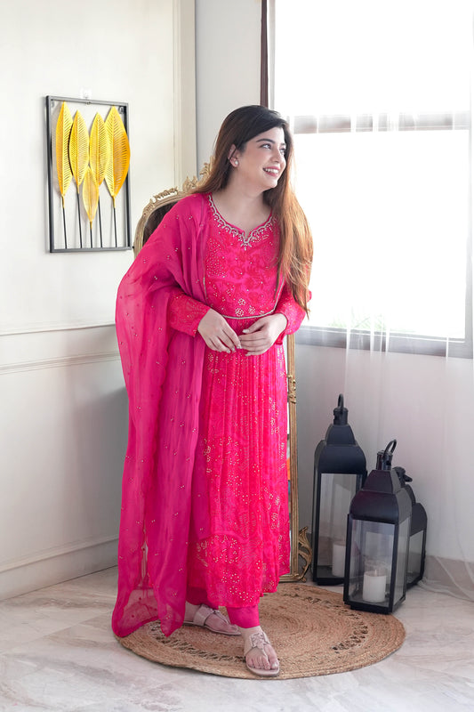 Sifra Hot Pink Embroidered Anarkali Suit Set