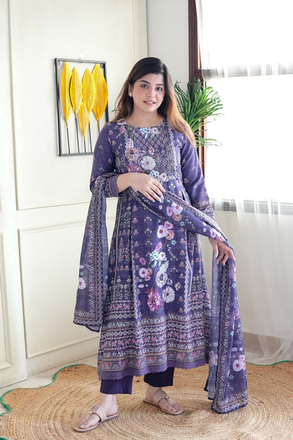 Ifat Purple Printed A-line Suit Set