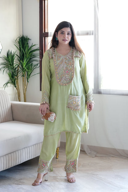 Rafia Green Embroidered Co ord Set