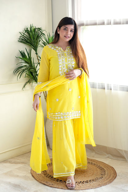 Safia Yellow Gotta Embroidered Sharara Set