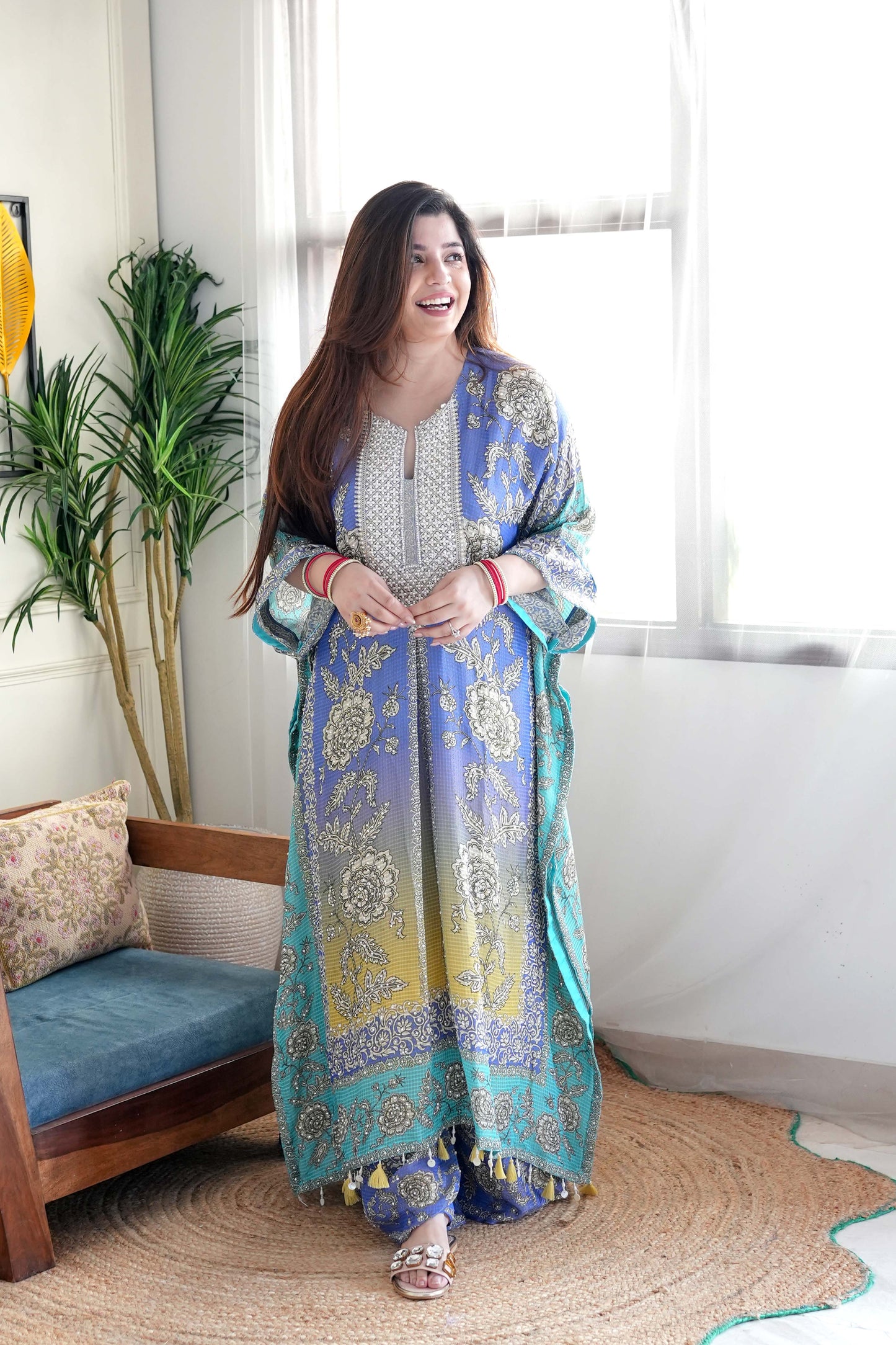 Sehrat Blue Ombre Printed Kaftan Set with Neck Embroidery