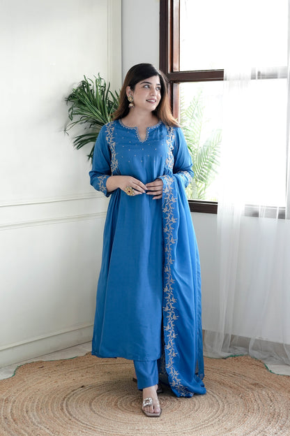 Simar Blue Embroidered Anarkali Suit Set